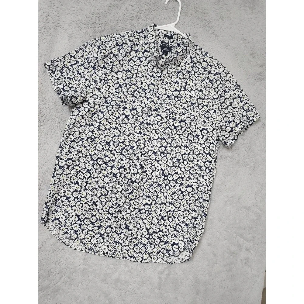 J Crew Shirt Mens Large Slim Flex Washed Daisy Floral Short Sleeve Blue Oxford L